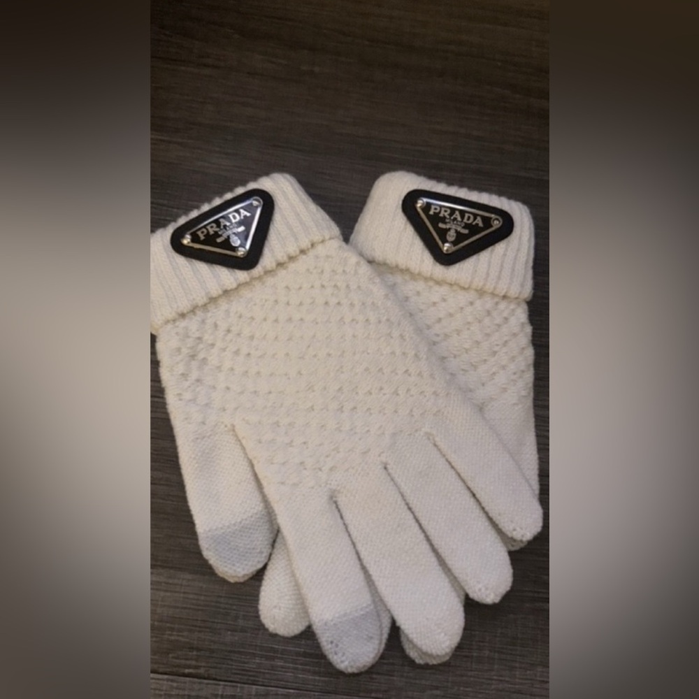 Prada Cream Knit Gloves with Logo
